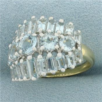 Aquamarine 3 Row Statement Ring in 14k Yellow Gold