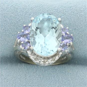 Aquamarine, Tanzanite, and Diamond Ring in 14k White Gold