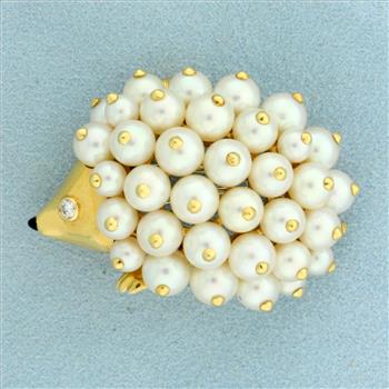 Authentic Chanel Pearl Porcupine Hedgehog Pin or Pendant or Brooch in 18K Yellow Gold