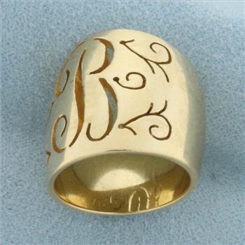 B Initial Monogram Cut Out Wide Cigar Band Ring in 14k Yellow Gold