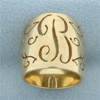 B Initial Monogram Cut Out Wide Cigar Band Ring in 14k Yellow Gold