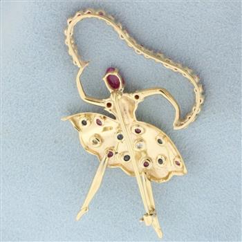 Ballerina Dancer Pin with Ruby, Sapphire, and Diamonds in 14k Yellow Gold