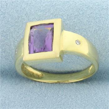 Bezel Set Amethyst and Diamond Ring in 14k Yellow Gold