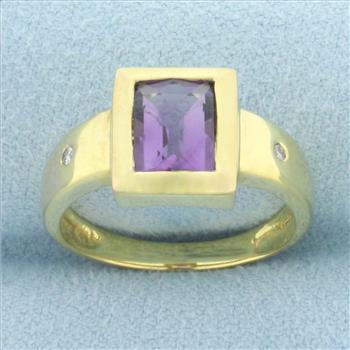 Bezel Set Amethyst and Diamond Ring in 14k Yellow Gold