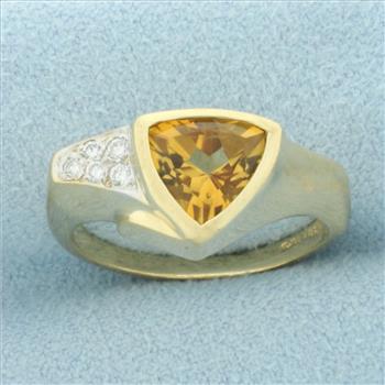 Bezel Trillion Citrine and Diamond Ring in 14k Yellow Gold