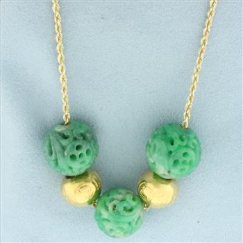 Carved Jade and Gold Bead Necklace in 14k Yellow Gold