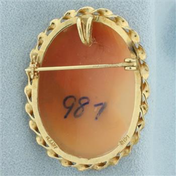 Carved Shell Right Facing Cameo Pendant Brooch Pin in 14k Yellow Gold