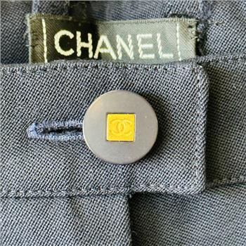 Chanel CC Logo Button Pockets Navy Wide Cuff Wool Pants 38