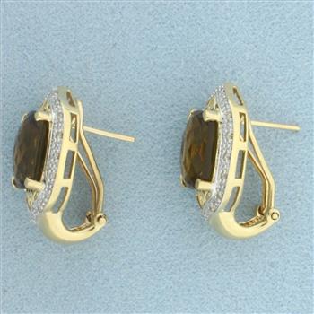 Checkerboard Cut Citrine and Diamond Earrings in 14k Yellow Gold