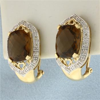 Checkerboard Cut Citrine and Diamond Earrings in 14k Yellow Gold