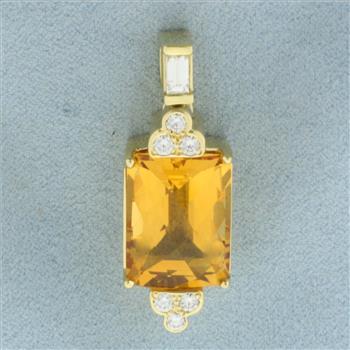 Checkerboard Cut Citrine and Diamond Pendant in 18k Yellow Gold