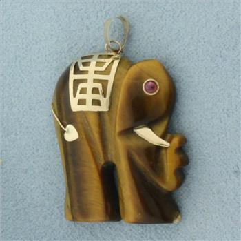 Chinese Good Luck Tigers Eye and Ruby Elephant Pendant in 14k Yellow Gold