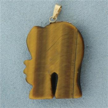 Chinese Good Luck Tigers Eye and Ruby Elephant Pendant in 14k Yellow Gold