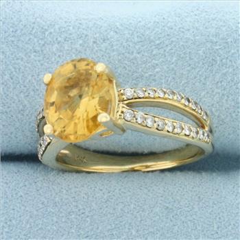 Citrine and Diamond Split Shank Ring in 14k Yellow Gold