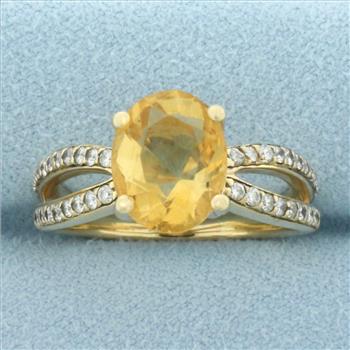 Citrine and Diamond Split Shank Ring in 14k Yellow Gold