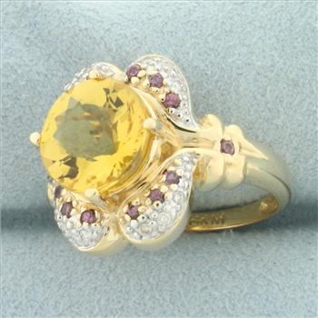Citrine, Pink Sapphire, and Diamond Ring in 14k Yellow Gold