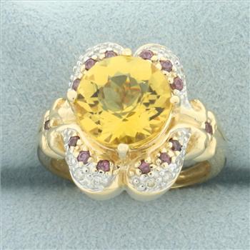 Citrine, Pink Sapphire, and Diamond Ring in 14k Yellow Gold