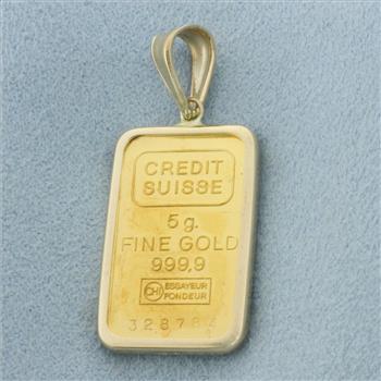 Credit Suisse 5g Fine Gold Bar Pendant in 14k Yellow Gold Mounting