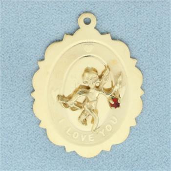 Cupid Ruby I Love You Medallion Pendant in 14k Yellow Gold
