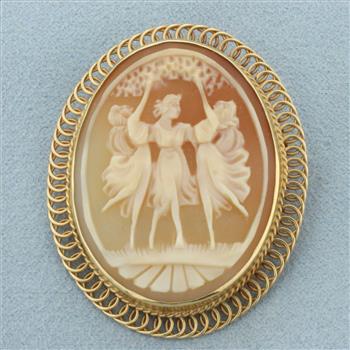 Dancing Three Graces Carved Shell Cameo Pendant or Brooch in 14k Yellow Gold