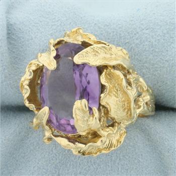 Designer Amethyst Leaf Design Statement Ring in 14K Yellow Gold