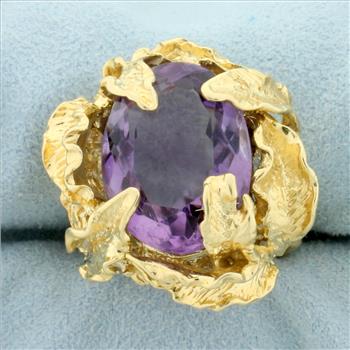 Designer Amethyst Leaf Design Statement Ring in 14K Yellow Gold