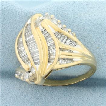 Designer Baguette and Round Diamond Statement Ring in 14k Yellow Gold