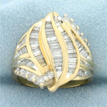 Designer Baguette and Round Diamond Statement Ring in 14k Yellow Gold