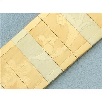 Designer Brevetto Numbered Flower Design Tri Colored Wide Bracelet in 18K Yellow, White, and Rose Gold