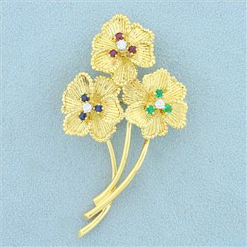 Designer Dankner Flower Pin with Emerald, Sapphire, Ruby, and Diamond in 18K Yellow Gold