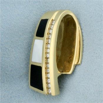Designer Diamond, Mother of Pearl, and Onyx Pendant or Slide in 14K Yellow Gold