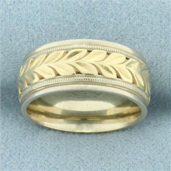 Designer Diana Leaf Nature Design Wedding Band Ring in 14k White and Yellow Gold