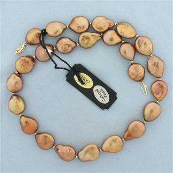 Designer Lucoral Baroque Pearl and Gold Bead Necklace in 14k Yellow Gold