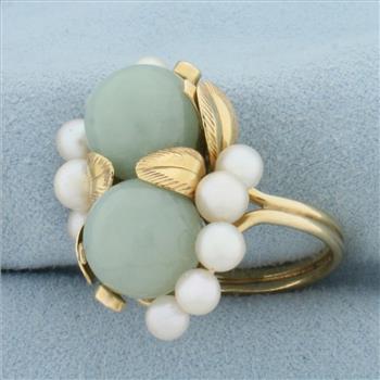 Designer Ming's Hawaii Jade and Pearl Leaf Design Ring in 14K Yellow Gold