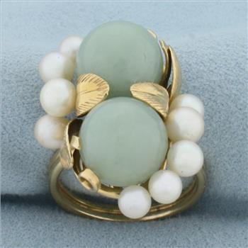 Designer Ming's Hawaii Jade and Pearl Leaf Design Ring in 14K Yellow Gold