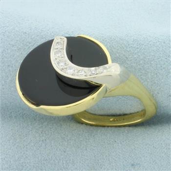 Designer Modern Onyx and Diamond Euro Shank Ring in 18k Yellow and White Gold