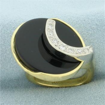 Designer Modern Onyx and Diamond Euro Shank Ring in 18k Yellow and White Gold