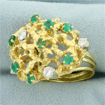 Designer Nugget Emerald and Diamond Statement Ring in 18K Yellow Gold