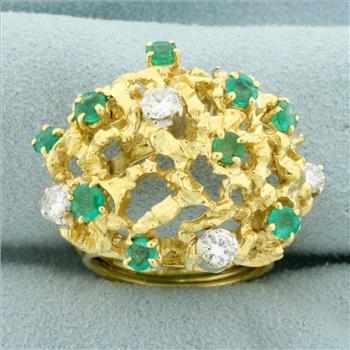 Designer Nugget Emerald and Diamond Statement Ring in 18K Yellow Gold