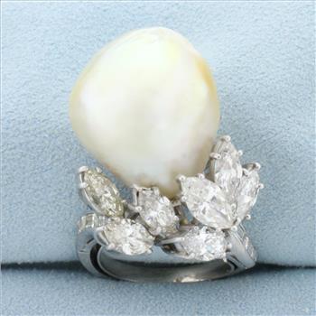 Designer One of A Kind Massive Pearl and Diamond Statement Ring in Platinum