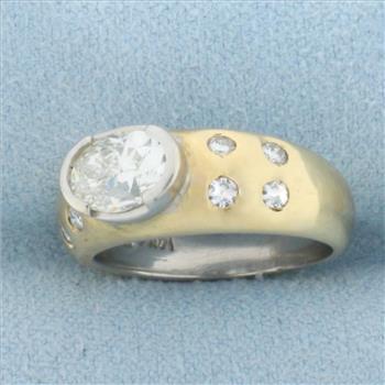 Designer Oval Diamond Engagement Ring in 14K Yellow and White Gold