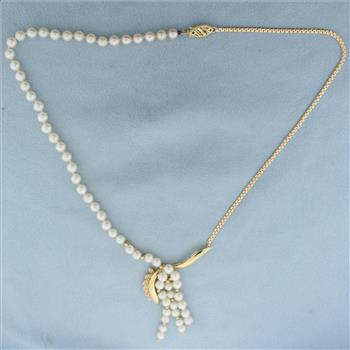 Designer Pearl and Diamond Necklace in 14k Yellow Gold