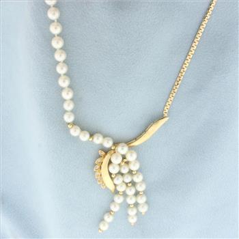 Designer Pearl and Diamond Necklace in 14k Yellow Gold