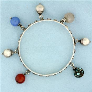 Designer Perruzzi Bangle Bracelet With Gemstone Dangle Beads in Sterling Silver
