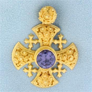 Designer Purple Sapphire Cross Pendant in 18K Yellow Gold