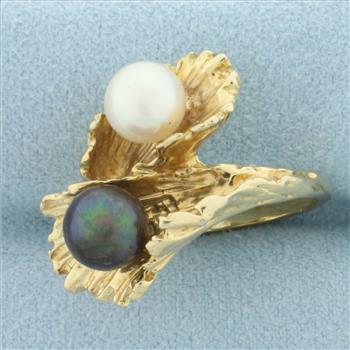Designer Tahitian and Akoya Cultured Pearl Bypass Ring in 14k Yellow Gold