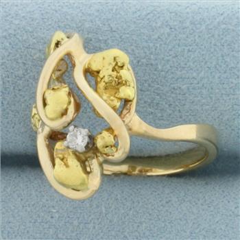 Diamond Abstract Design Nugget Ring in 14k Yellow Gold Mounting with 24k Gold Nuggets