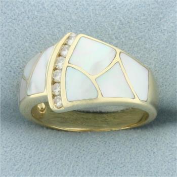 Diamond and Mother of Pearl Inlay Ring in 14k Yellow Gold