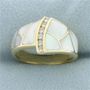 Diamond and Mother of Pearl Inlay Ring in 14k Yellow Gold