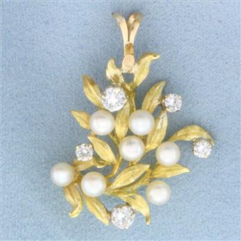 Diamond and Pearl Leaf Nature Design Pendant in 18k Yellow Gold